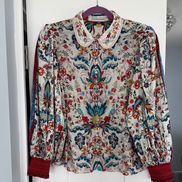 Alice + Olivia Floral Blouse with Red and Blue Accents - Picture 1 of 12